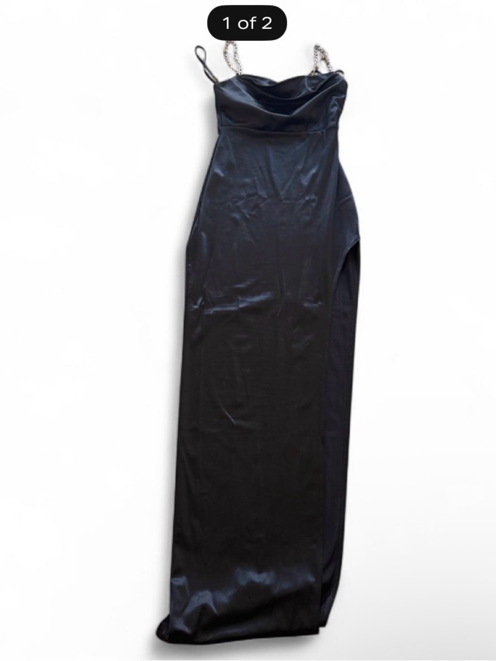 Windsor Black Satin Cowl-Neck Maxi Dress with Chain Straps